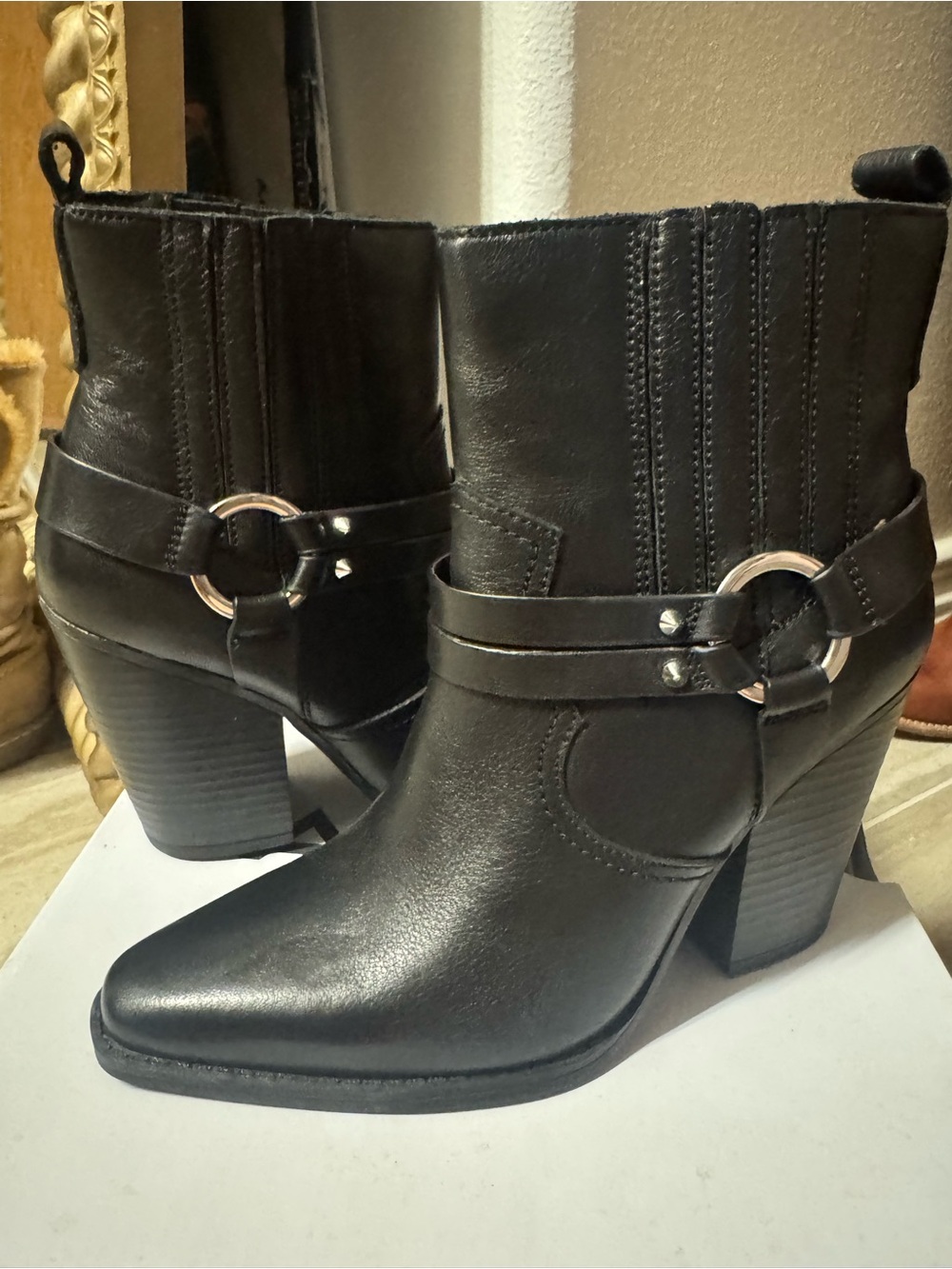 Aldo Black Faux Leather Ring-Harness Ankle Booties